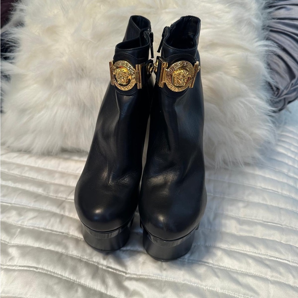 Versace Black Leather Ankle Boots with Gold Medallion
